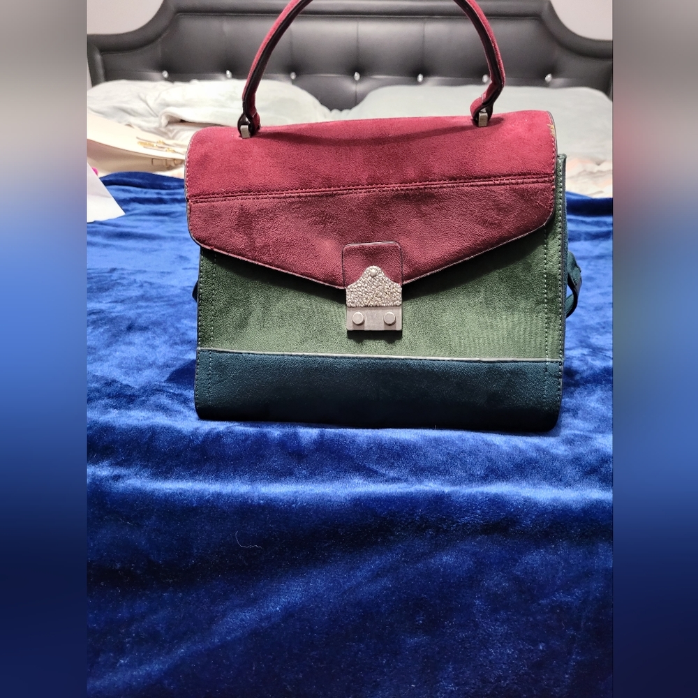 Suede like burgundy green navy handbag top handle shoulder strap